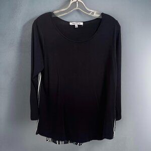 Rose & Olive Black and White Stripped Mixed Media Back Button Top